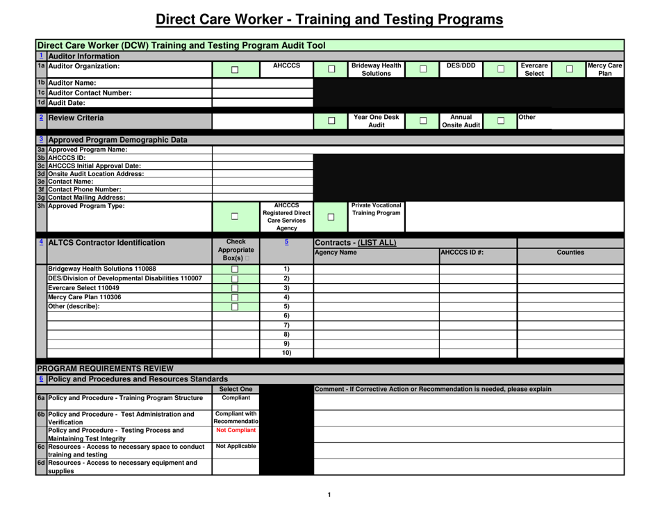 Direct Care Worker (Dcw) Training and Testing Program Audit Tool - Arizona, Page 1