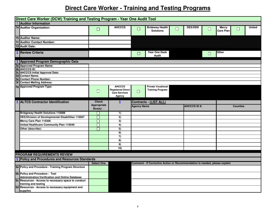 Direct Care Worker (Dcw) Training and Testing Program - Year One Audit Tool - Arizona, Page 1