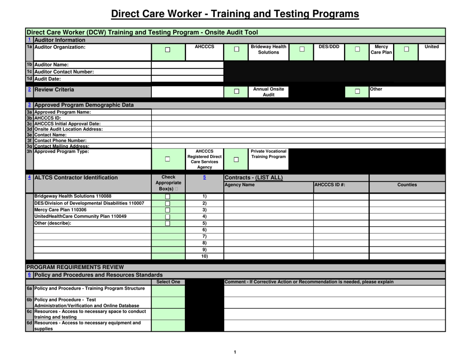 Direct Care Worker (Dcw) Training and Testing Program - Onsite Audit Tool - Arizona, Page 1