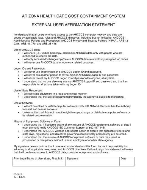 Form 02-002F External User Affirmation Statement - Arizona