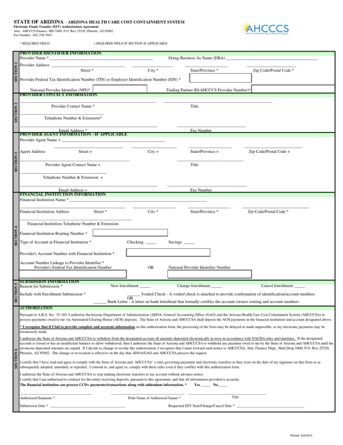Electronic Funds Transfer (Eft) Authorization Agreement - Arizona Download Pdf