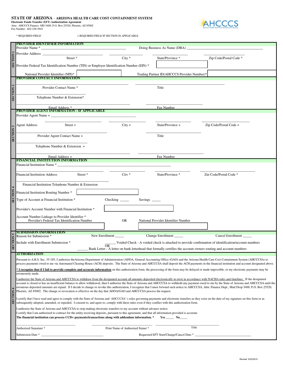 Electronic Funds Transfer (Eft) Authorization Agreement - Arizona, Page 1