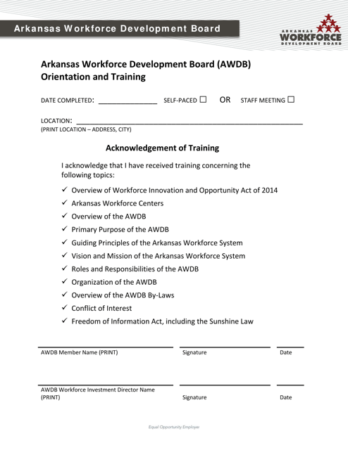 Arkansas Workforce Development Board (Awdb) Orientation and Training Acknowledgement of Training - Arkansas Download Pdf