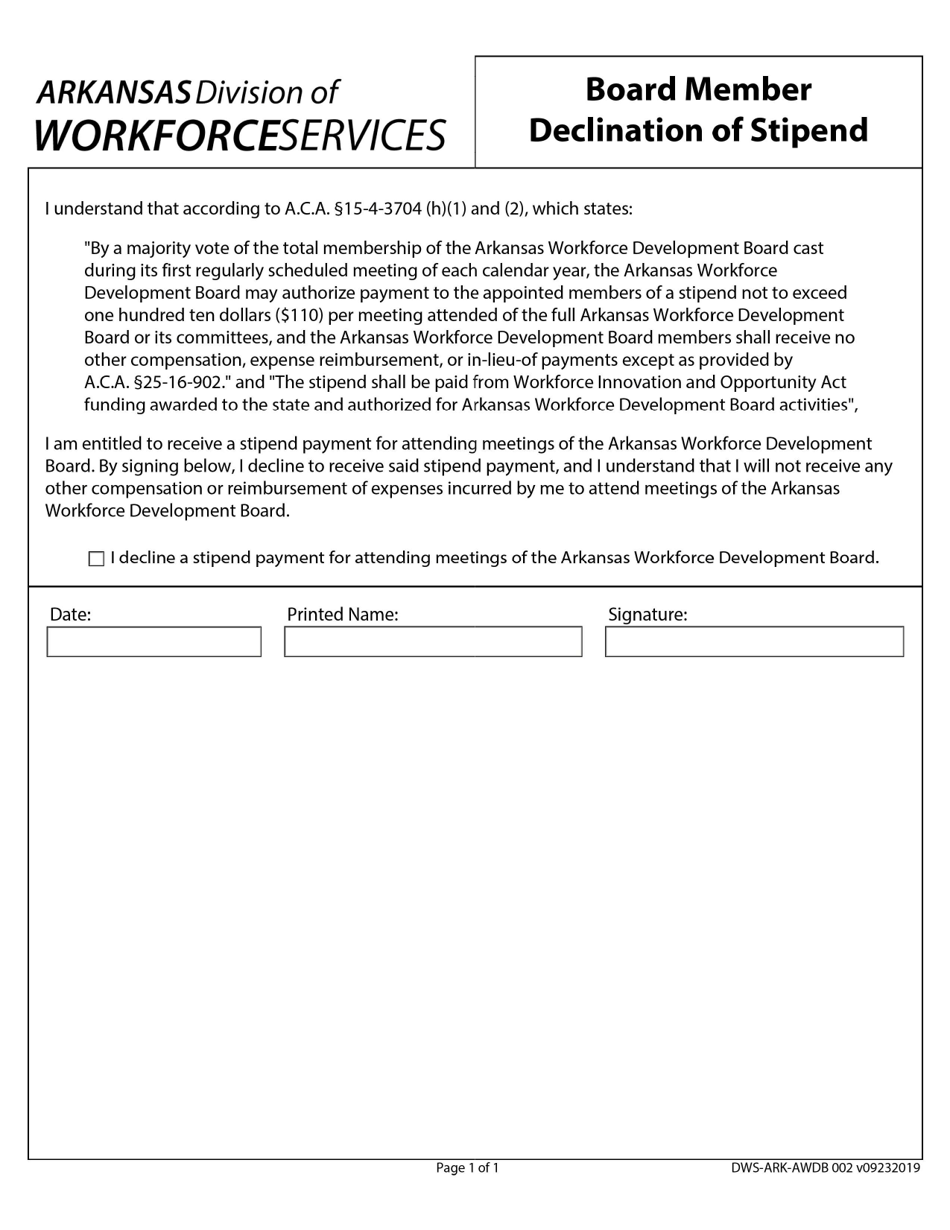 Form DWS-ARK-AWDB002 Board Member Declination of Stipend - Arkansas, Page 1