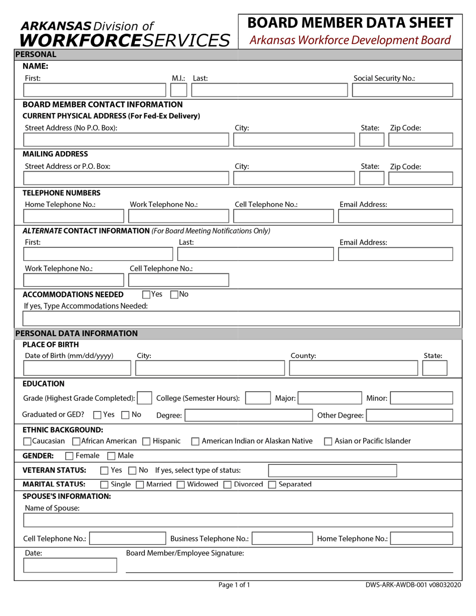Form DWS-ARK-AWDB-001 Board Member Data Sheet - Arkansas, Page 1