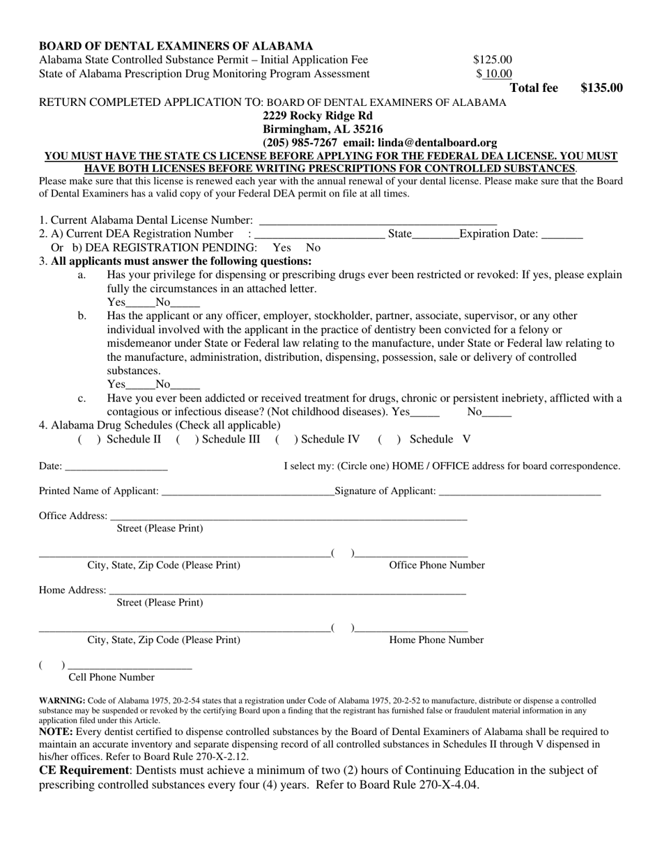 Alabama Controlled Substance Permit Application Download Printable PDF