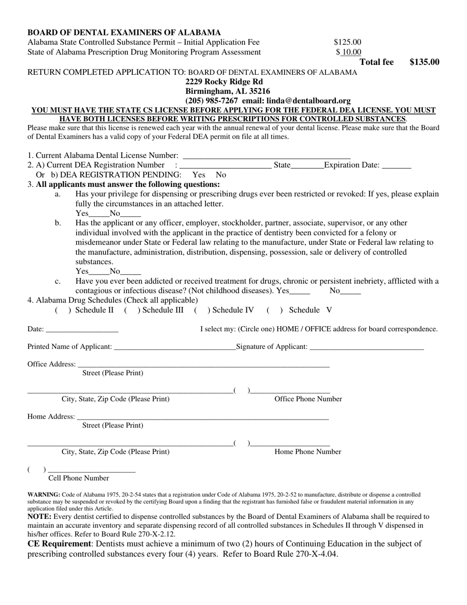 Controlled Substance Permit Application - Alabama, Page 1