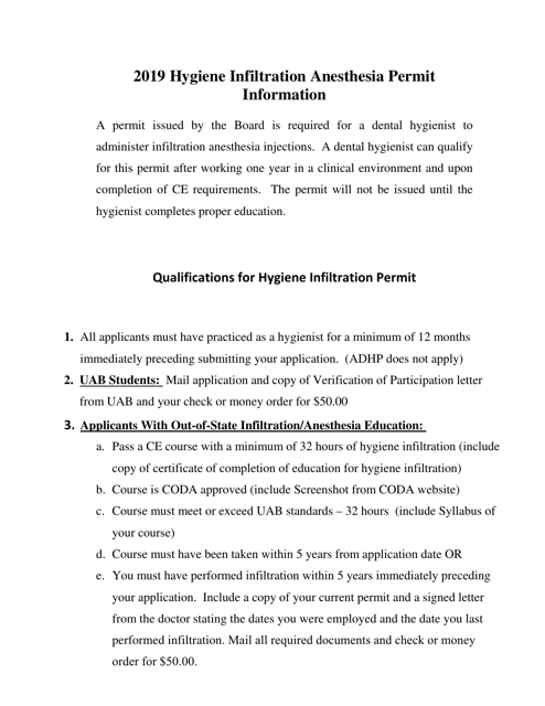 Hygiene Infiltration Anesthesia Permit Application - Alabama
