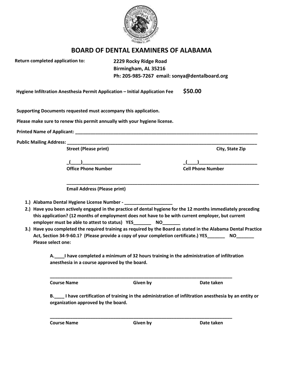 Hygiene Infiltration Anesthesia Permit Application - Alabama, Page 2