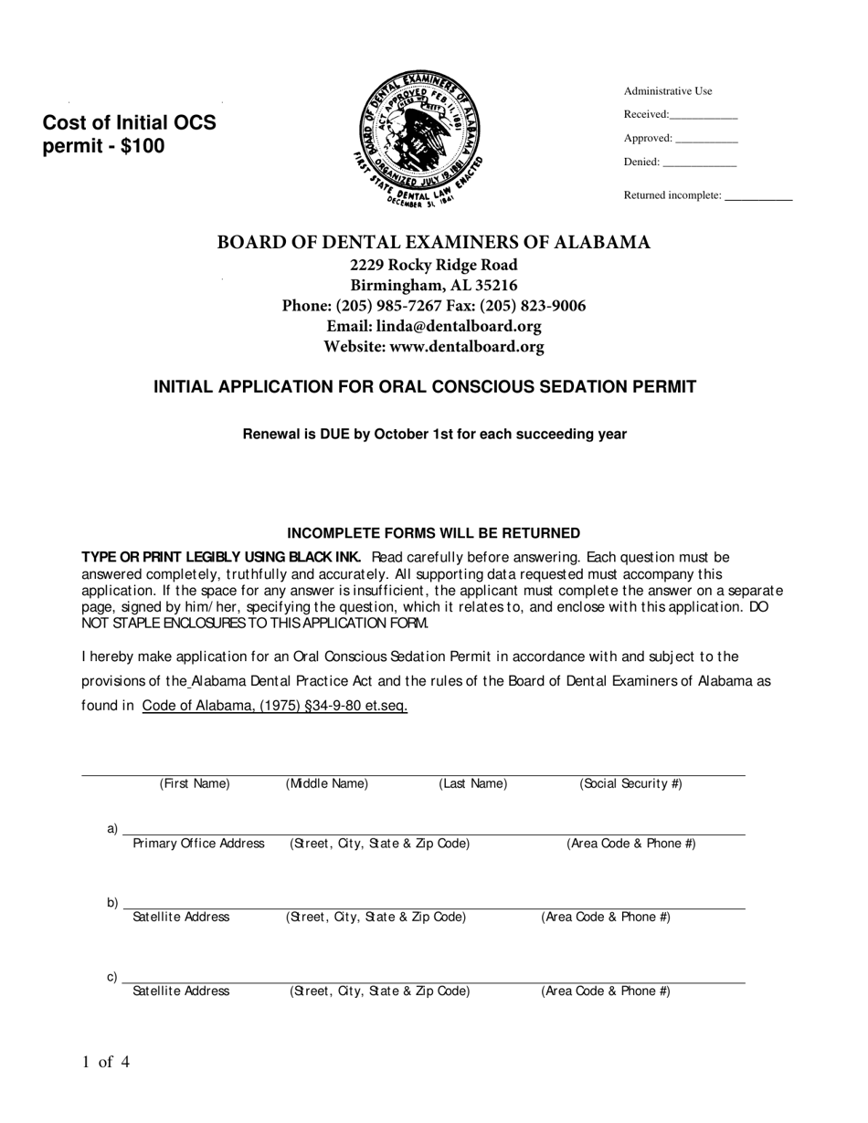 Initial Application for Oral Conscious Sedation Permit - Alabama, Page 2