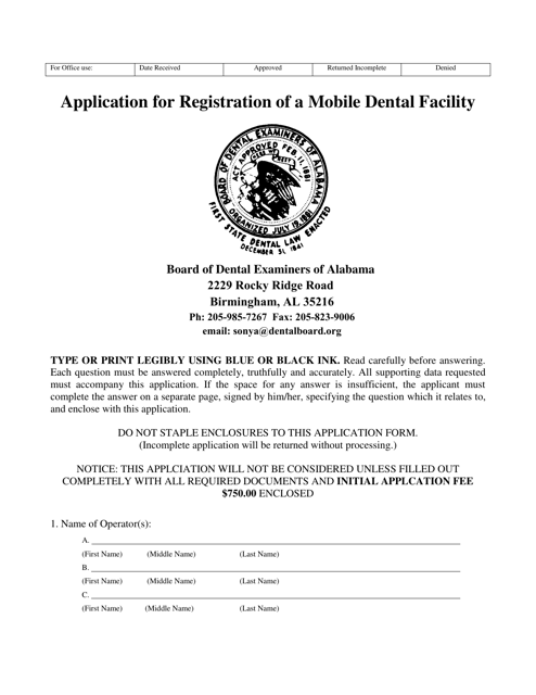 Application for Registration of a Mobile Dental Facility - Alabama Download Pdf