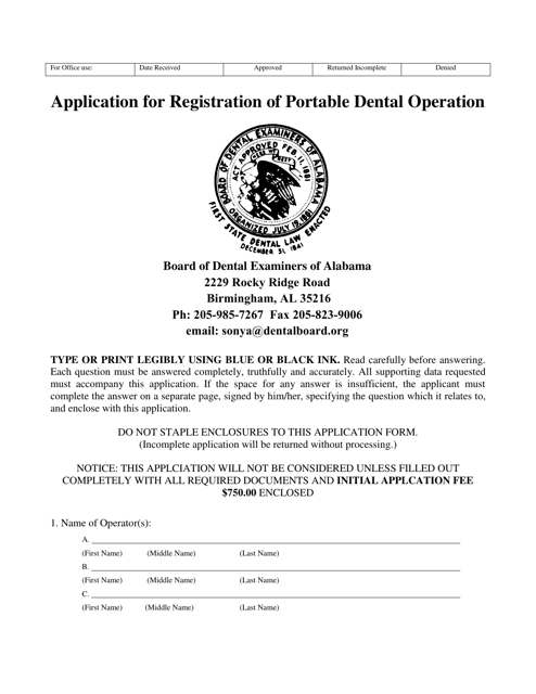 Application for Registration of Portable Dental Operation - Alabama Download Pdf