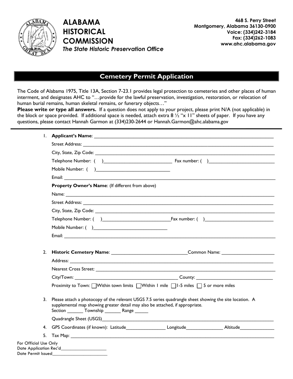 Cemetery Permit Application - Alabama, Page 1