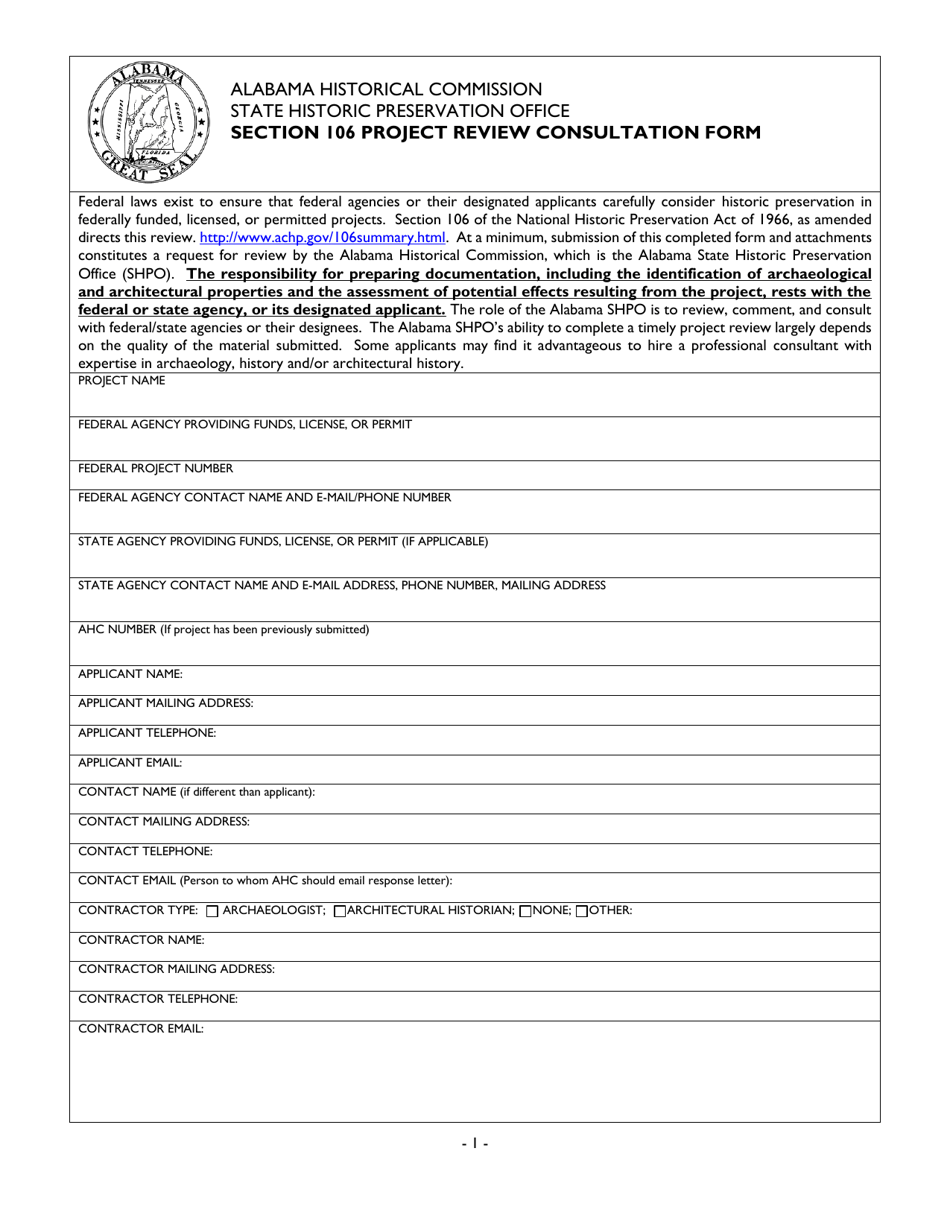 Section 106 Project Review Consultation Form - Alabama, Page 1