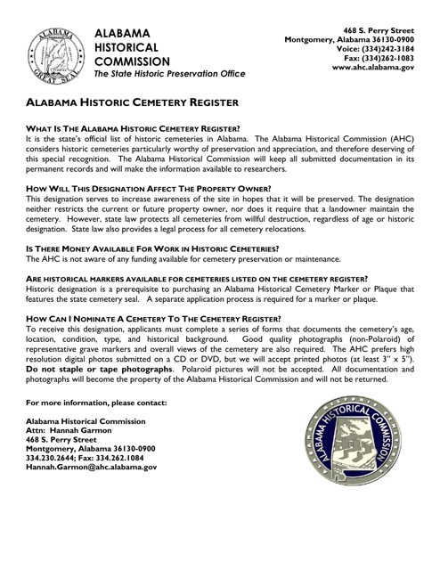 Alabama Historic Cemetery Register Application - Alabama Download Pdf