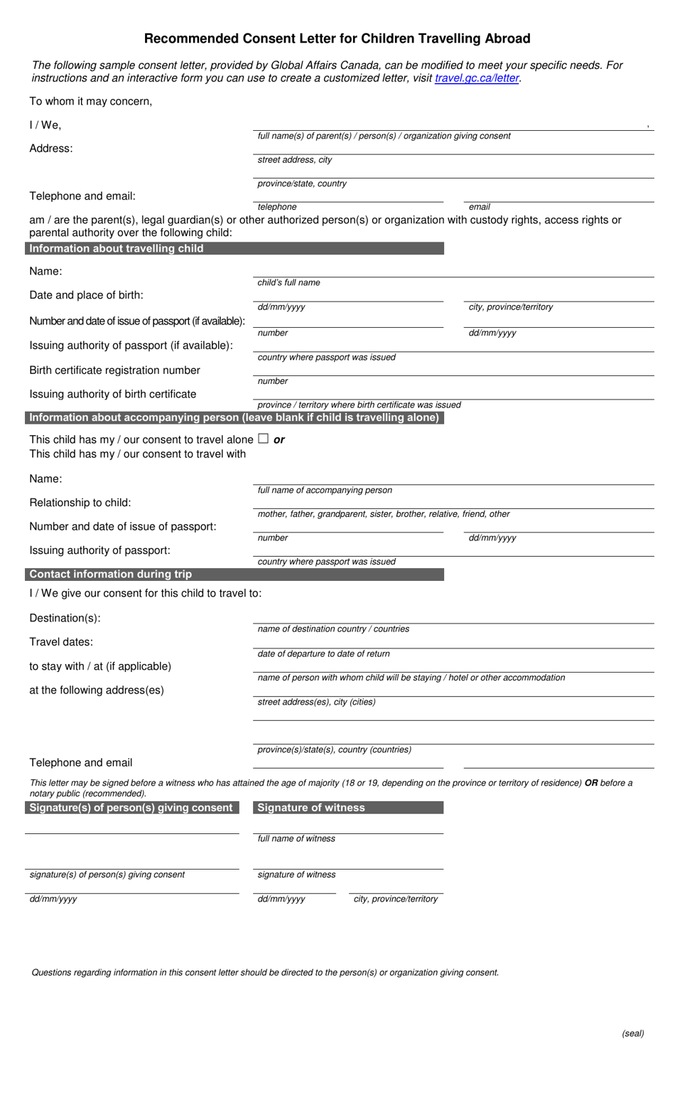 travel form for child consent canada