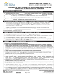 Form CRR010 &quot;Employee/Applicant Consent to a Criminal Record Check&quot; - British Columbia, Canada