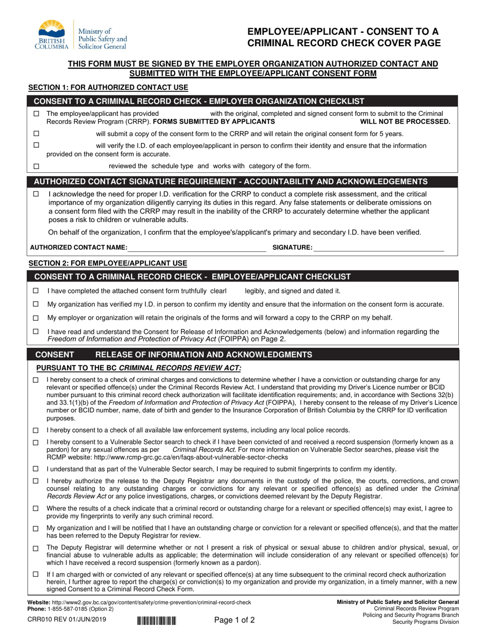Form CRR010 Employee / Applicant Consent to a Criminal Record Check - British Columbia, Canada, Page 1