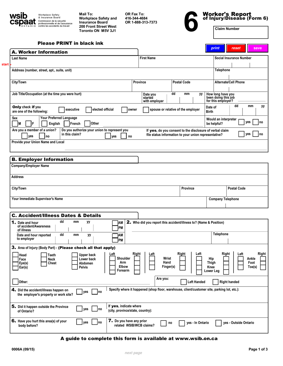 WSIB Form 6 Workers Report of Injury / Disease - Ontario, Canada, Page 1