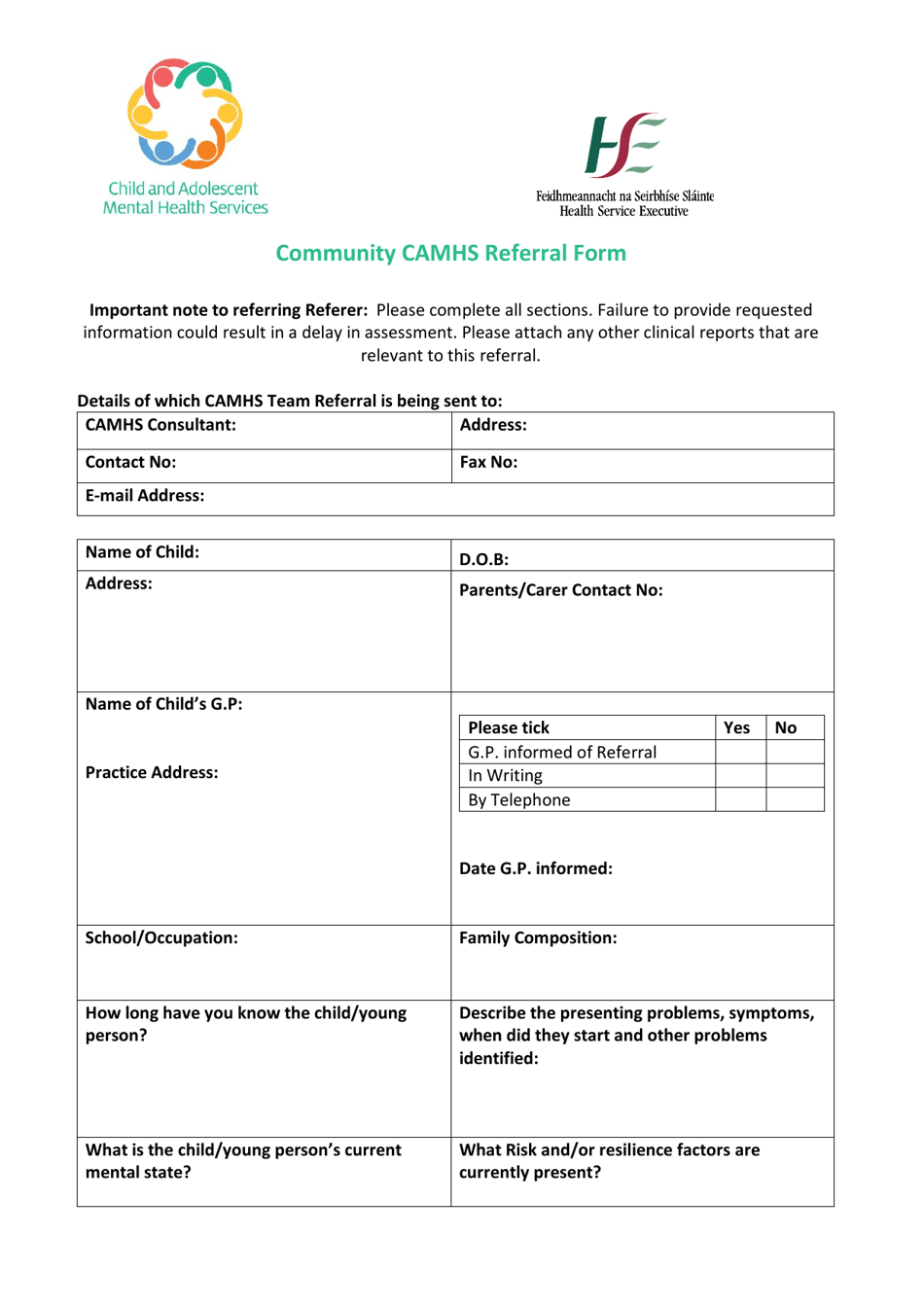 Community Camhs Referral Form - United Kingdom, Page 1
