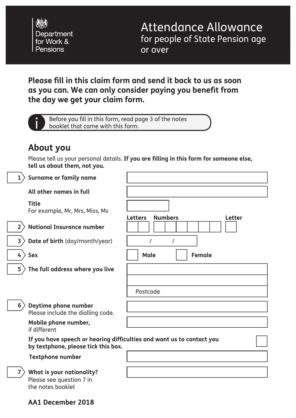 Form AA1 Attendance Allowance for People of State Pension Age or Over - United Kingdom, Page 1