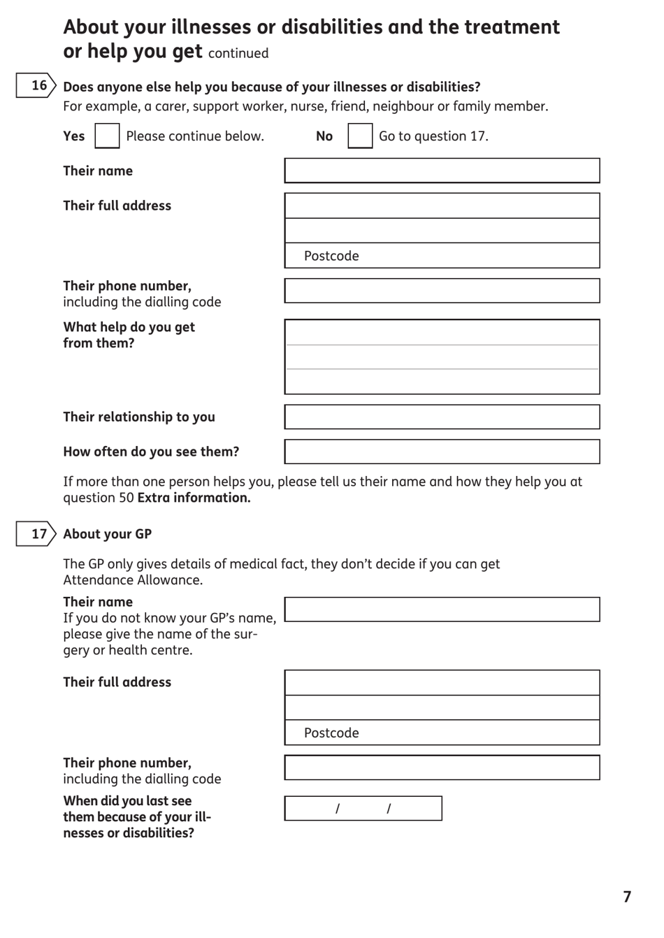 Form AA1 Attendance Allowance for People of State Pension Age or Over - United Kingdom, Page 7