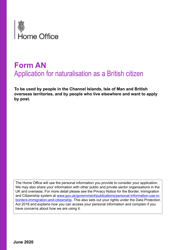 Form AN Application for Naturalisation as a British Citizen - United Kingdom