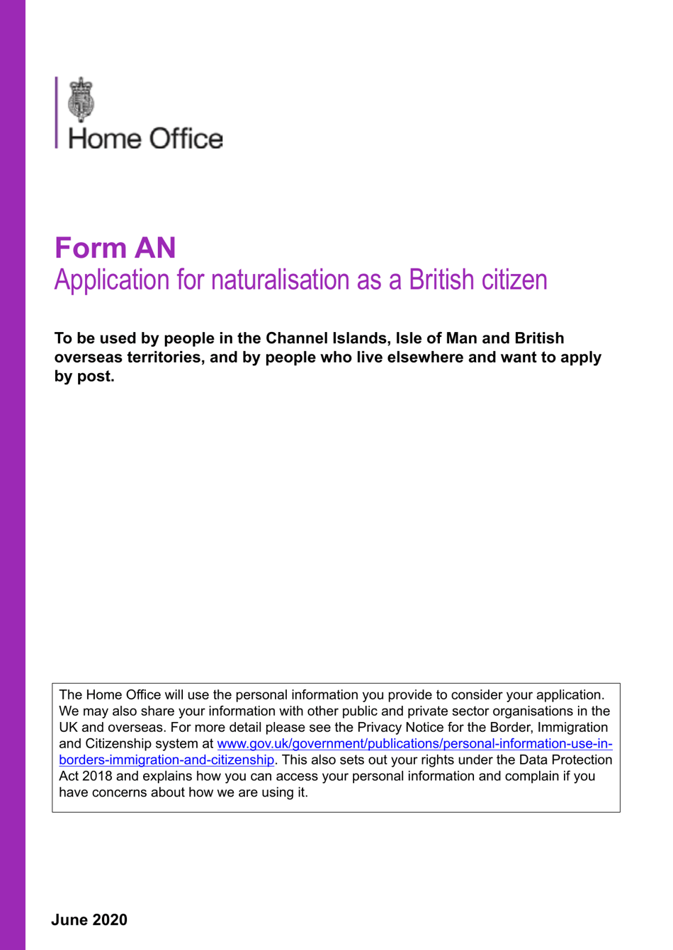 Form AN Application for Naturalisation as a British Citizen - United Kingdom, Page 1