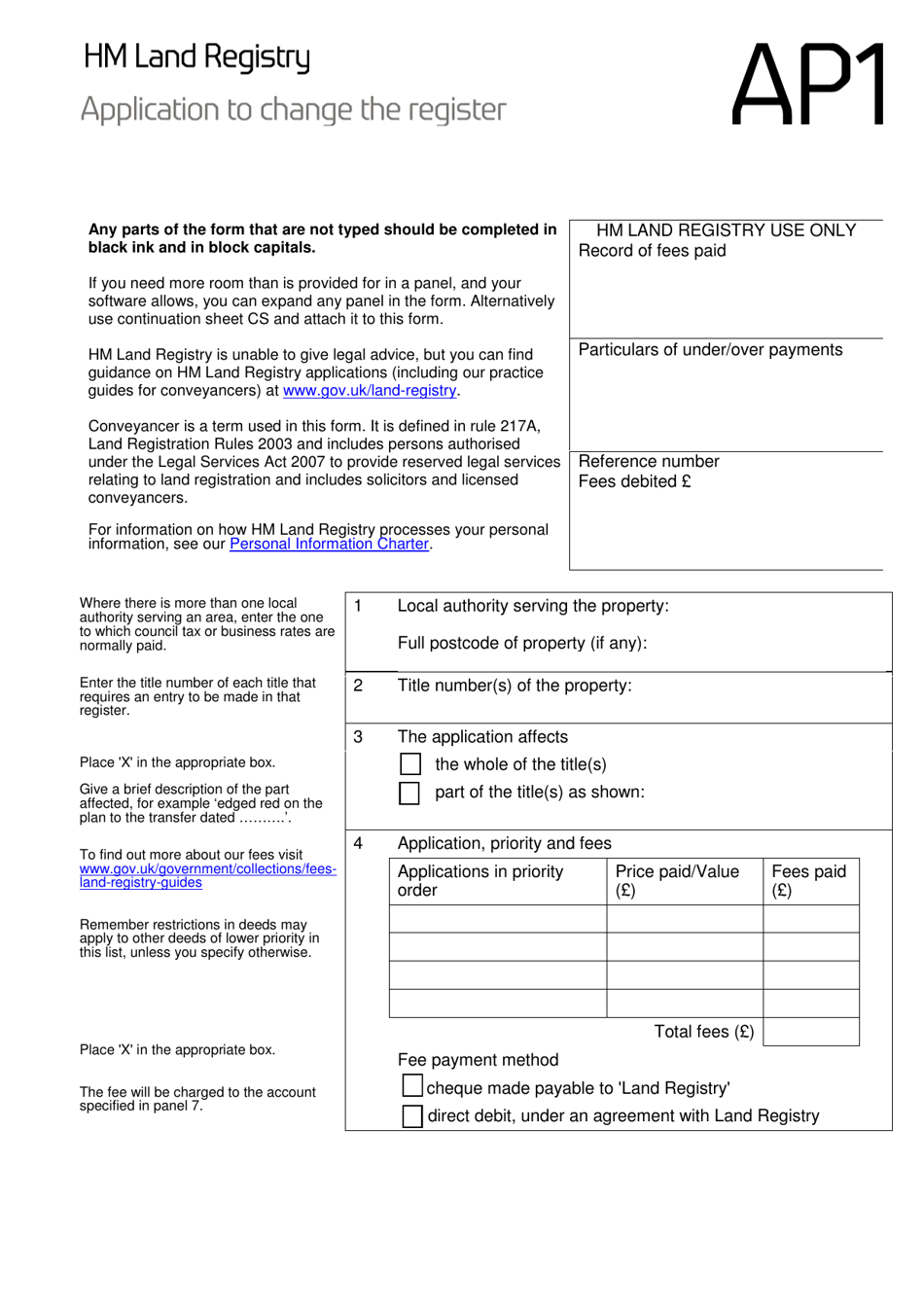 Form AP1 Application to Change the Register - United Kingdom, Page 1