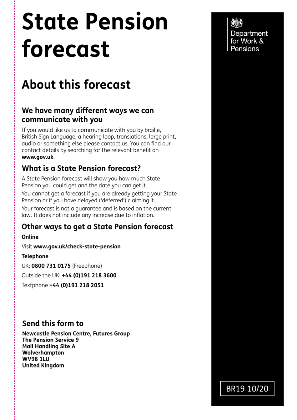 Form BR19 Application for a State Pension Forecast - United Kingdom, Page 1
