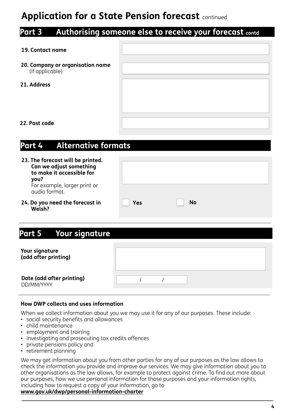 Form BR19 Application for a State Pension Forecast - United Kingdom, Page 4