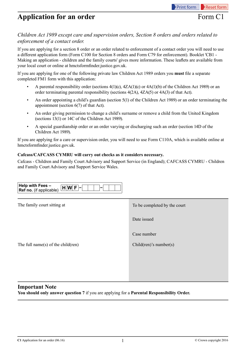 Form C1 Application for an Order - United Kingdom, Page 1