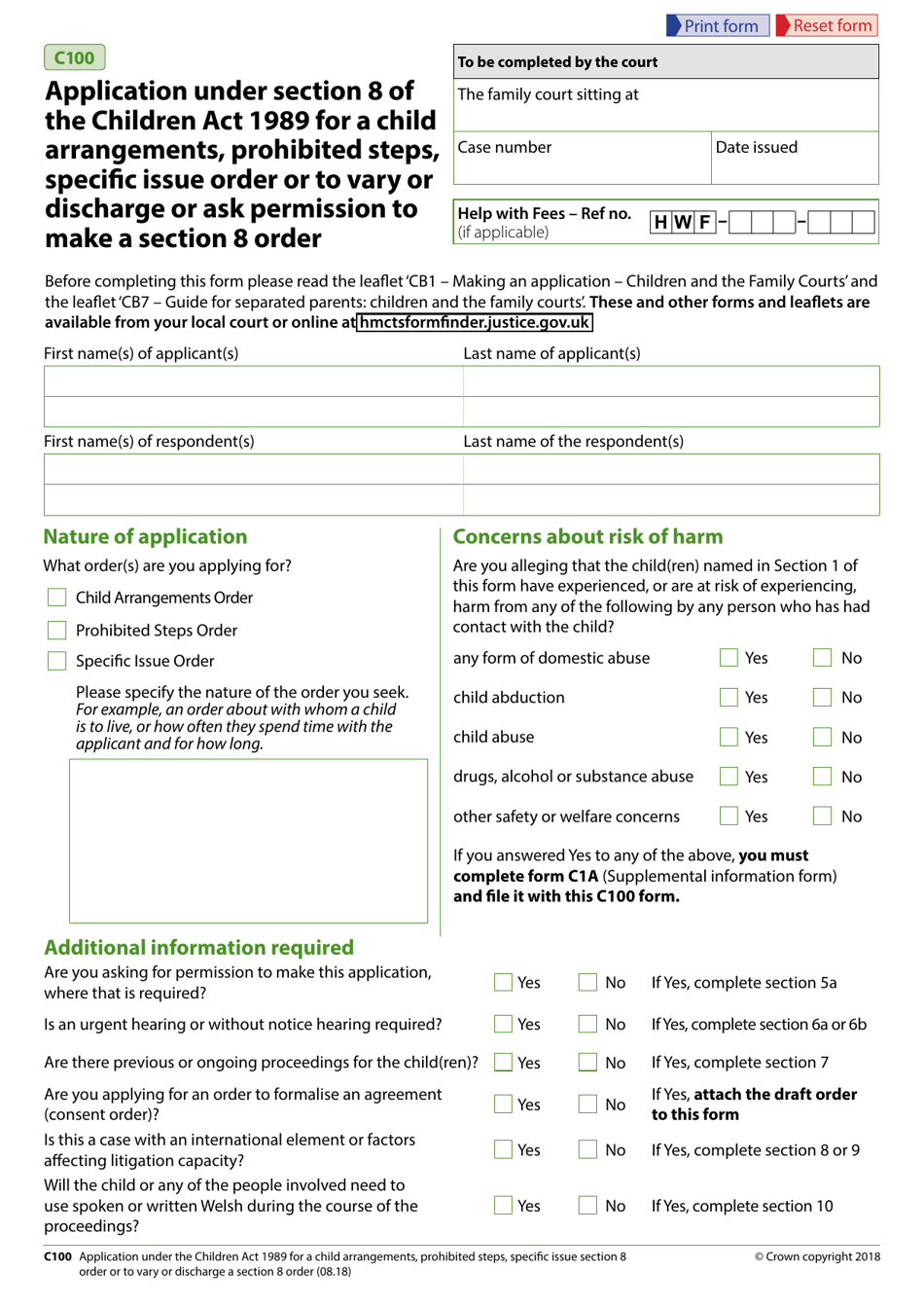 Form C100 Application Under the Children Act 1989 for a Child Arrangements, Prohibited Steps, Specific Issue Section 8 Order or to Vary or Discharge a Section 8 Order - United Kingdom, Page 3