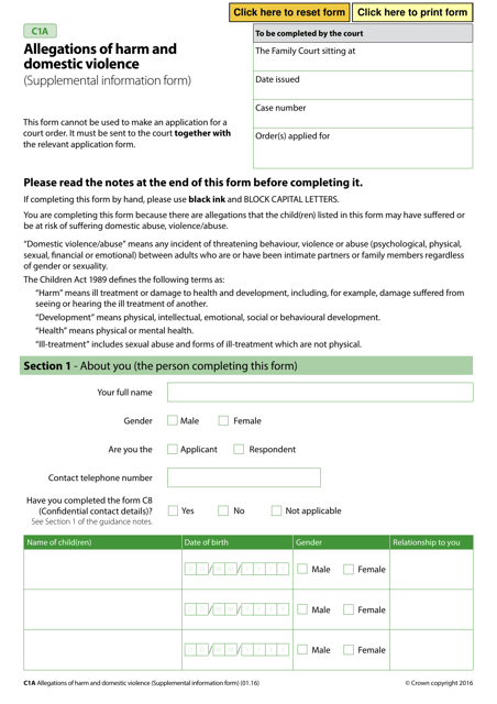 Form C1A Allegations of Harm and Domestic Violence (Supplemental Information Form) - United Kingdom