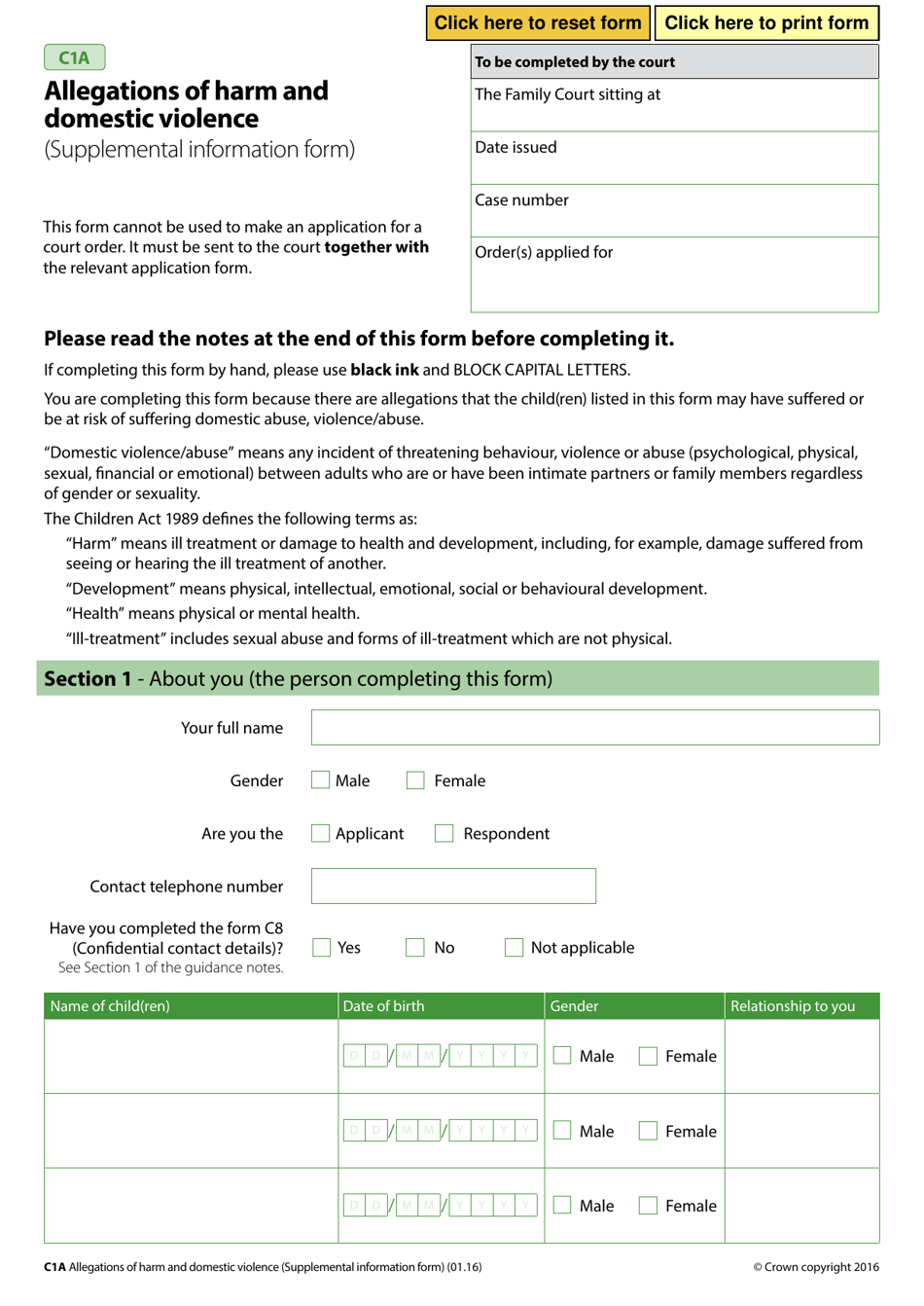 Form C1A Allegations of Harm and Domestic Violence (Supplemental Information Form) - United Kingdom, Page 1