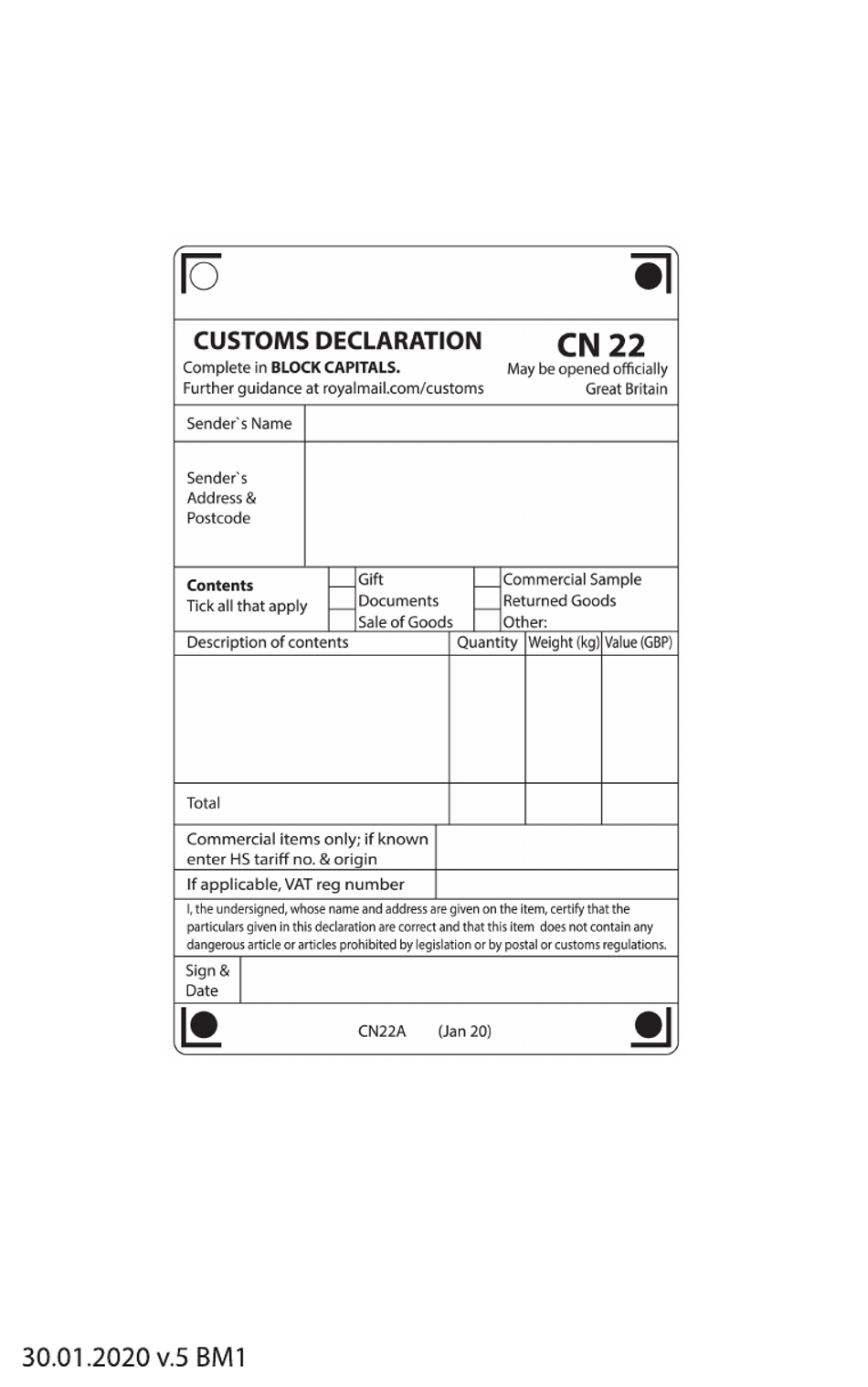 United States Customs Declaration Form 0078