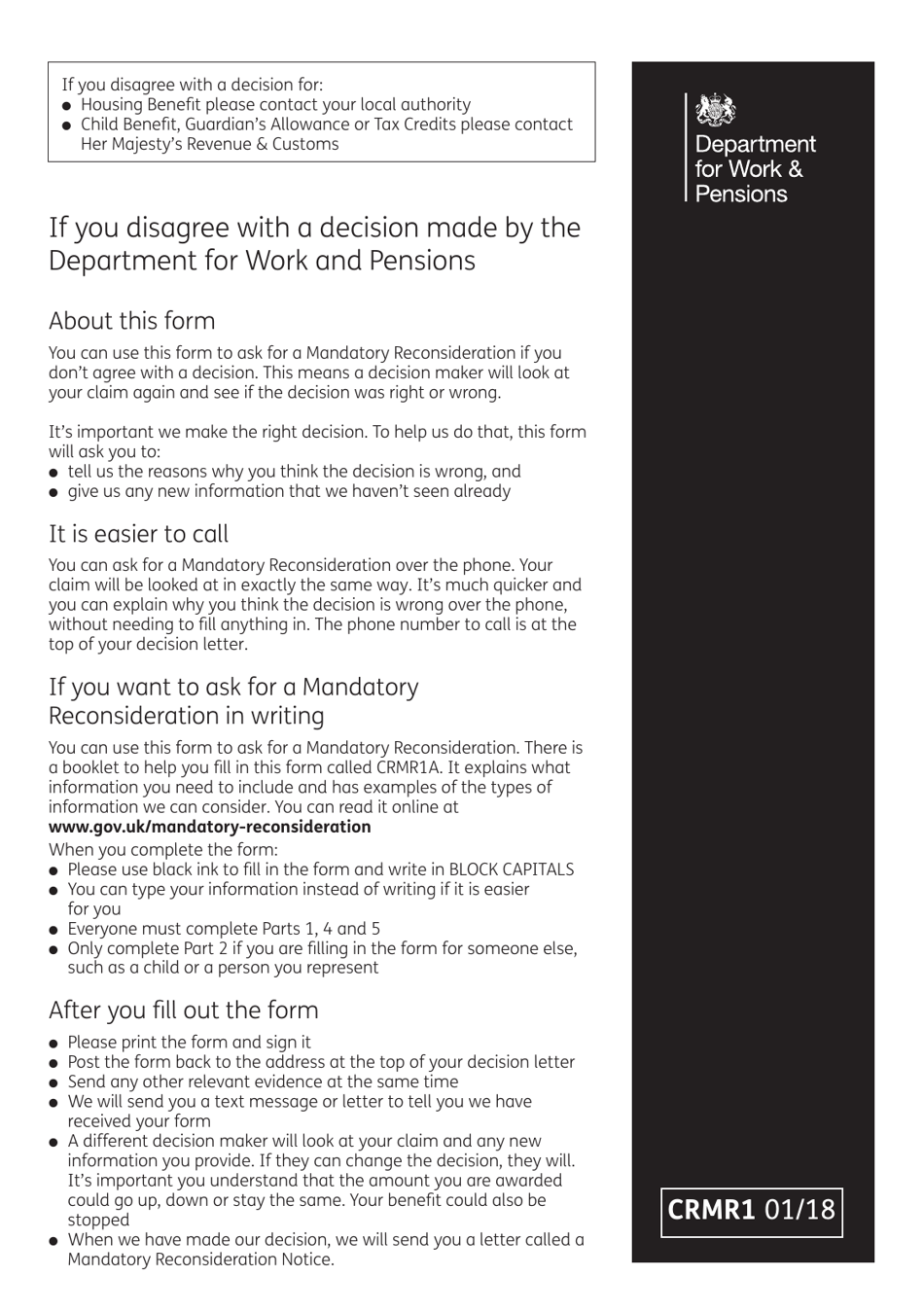 Form CRMR1 If You Disagree With a Decision Made by the Department for Work and Pensions - United Kingdom, Page 2