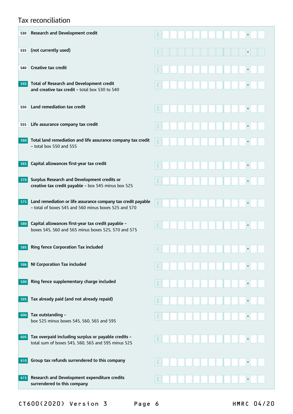 Form CT600 Company Tax Return - United Kingdom, Page 6