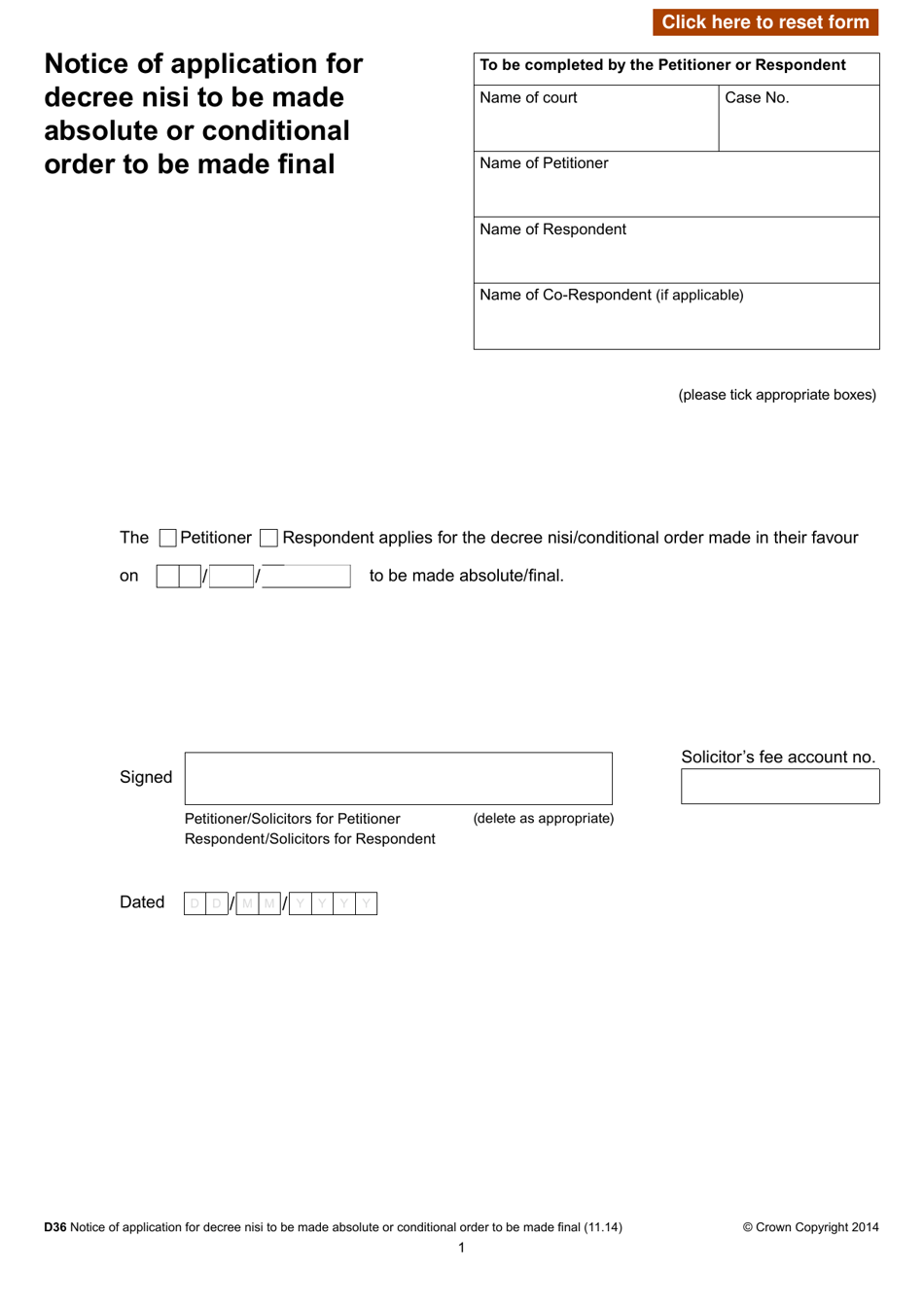Form D36 Notice of Application for Decree Nisi to Be Made Absolute or Conditional Order to Be Made Final - United Kingdom, Page 1