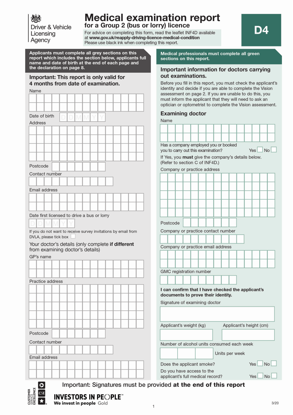 Form D4 Medical Examination Report for a Group 2 (Bus or Lorry) Licence - United Kingdom, Page 1