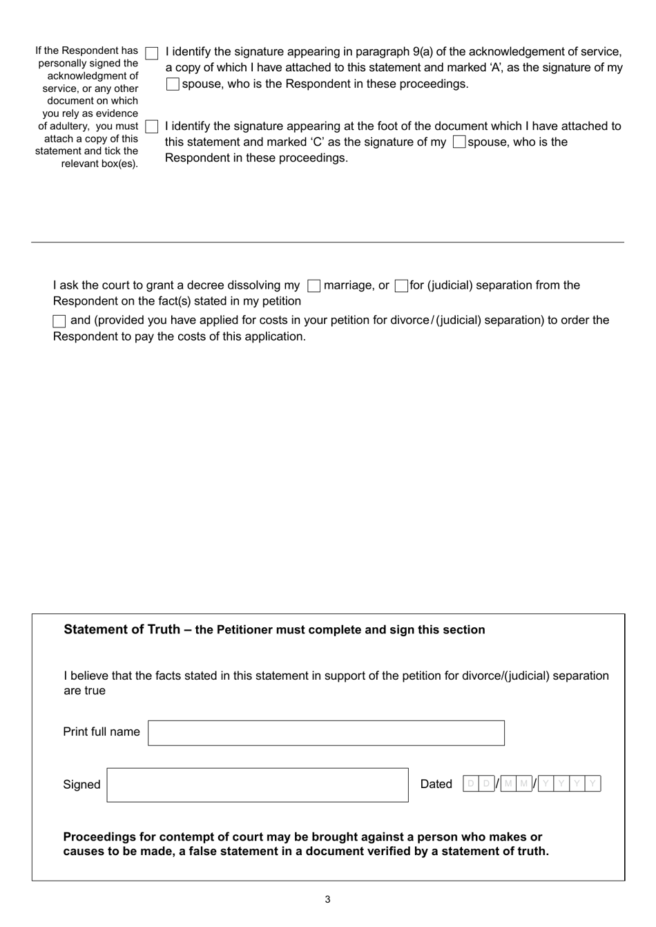 Form D80A Statement in Support of Divorce / (Judicial) Separation - Adultery - United Kingdom, Page 3