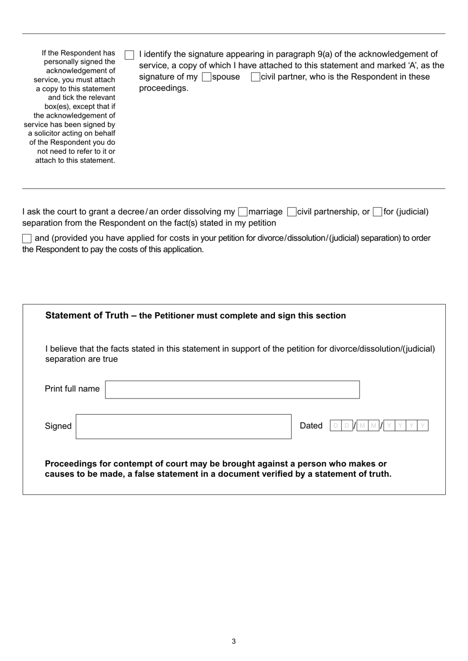 Form D80B Statement in Support of Divorce / Dissolution / (Judicial) Separation - Unreasonable Behaviour - United Kingdom, Page 3