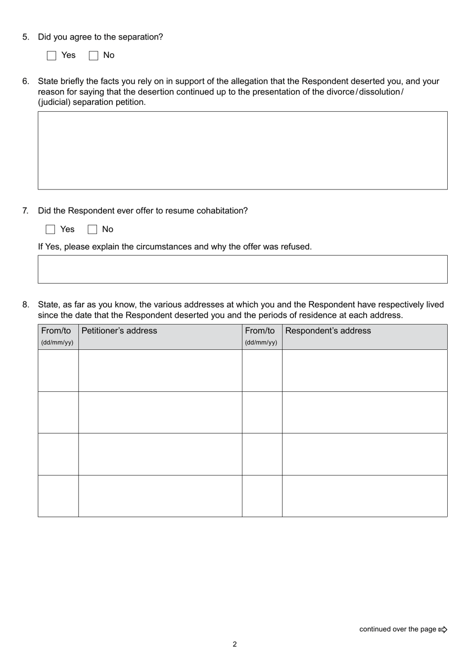 Form D80C Statement in Support of Divorce / Dissolution / (Judicial) Separation - Desertion - United Kingdom, Page 2