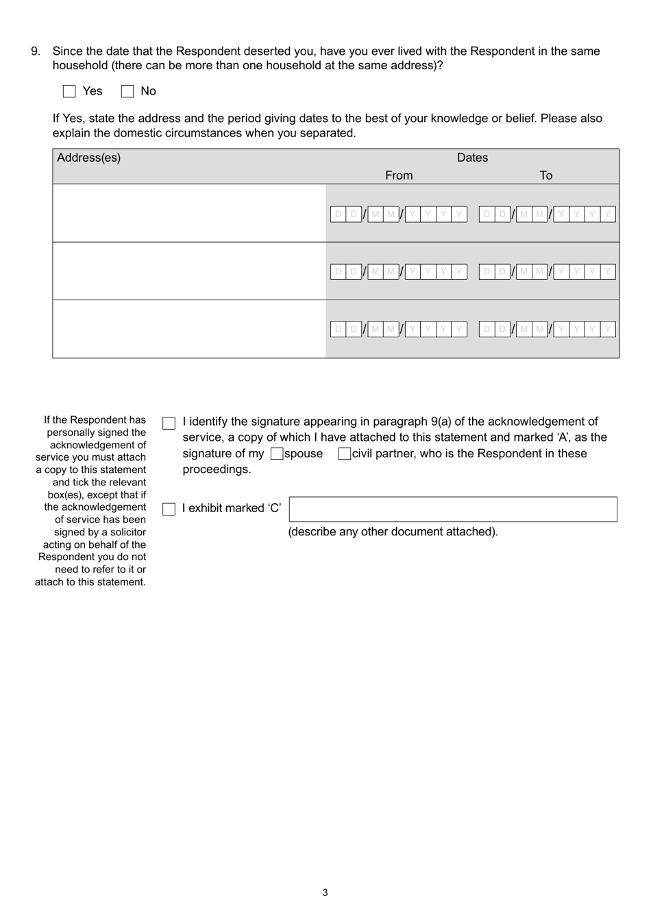 Form D80C Statement in Support of Divorce / Dissolution / (Judicial) Separation - Desertion - United Kingdom, Page 3