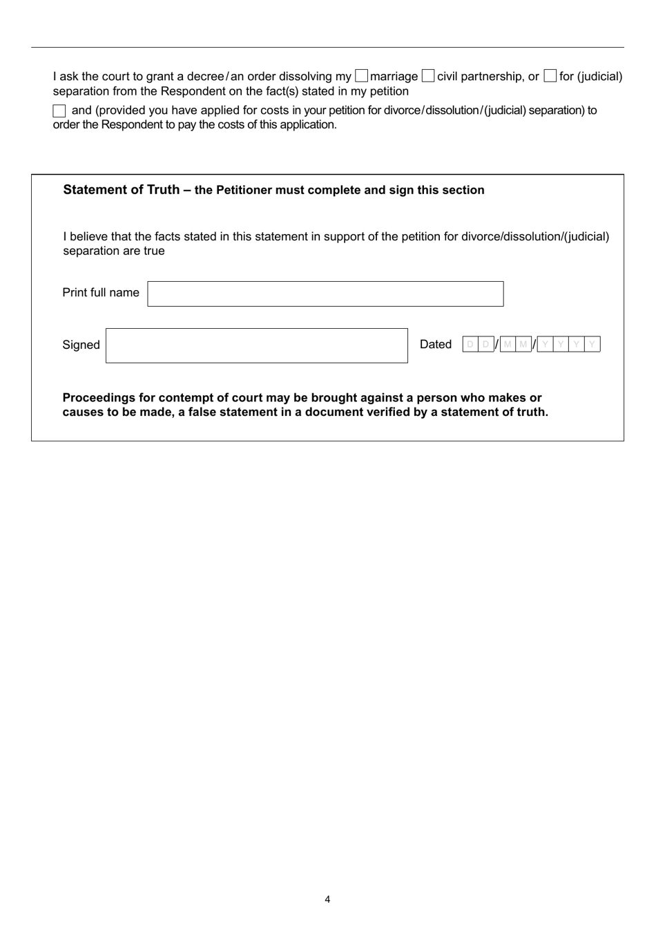 Form D80C Statement in Support of Divorce / Dissolution / (Judicial) Separation - Desertion - United Kingdom, Page 4