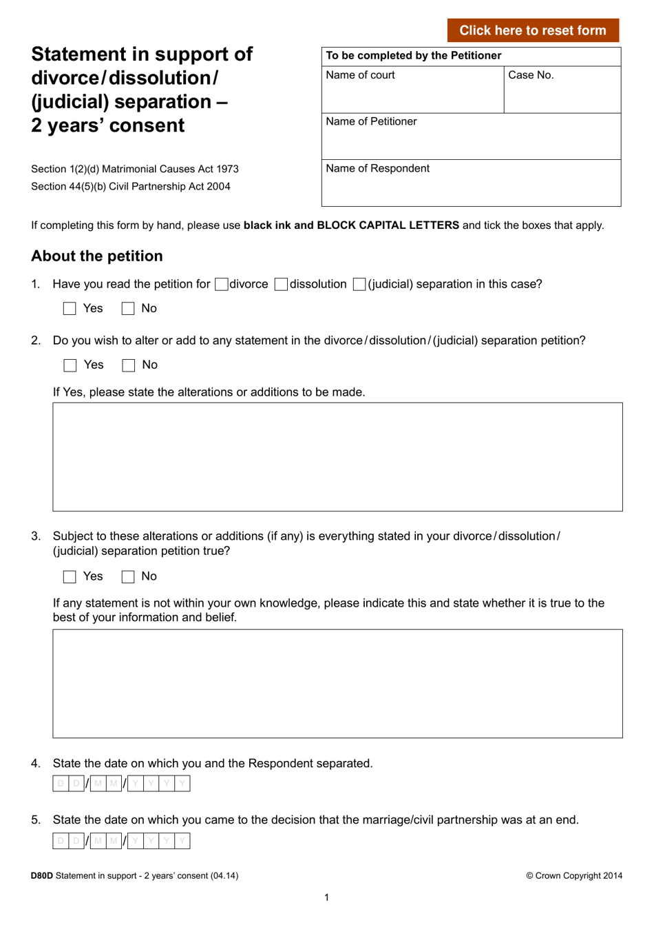 form d80d download printable pdf or fill online statement in support of divorce dissolution judicial separation 2 years consent united kingdom templateroller