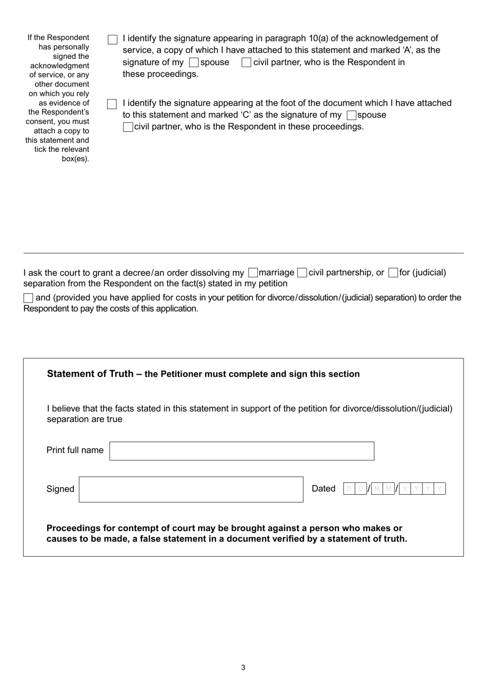 Form D80D Statement in Support of Divorce / Dissolution / (Judicial) Separation - 2 Years Consent - United Kingdom, Page 3