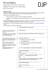 Document preview: Form DJP Application to Remove From the Register the Name of a Deceased Joint Proprietor - United Kingdom