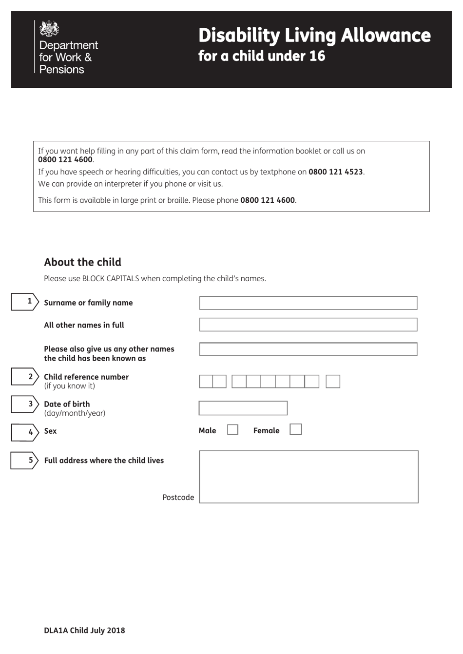 Form DLA1A Fill Out, Sign Online and Download Fillable PDF, United
