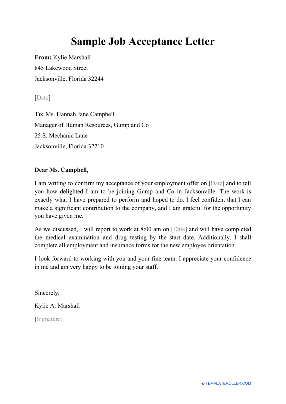 acceptance letter example for job